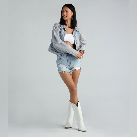 Windsor Rocker-Chic Rhinestone Fringe Denim Jacket, size L - Picture 3 of 14